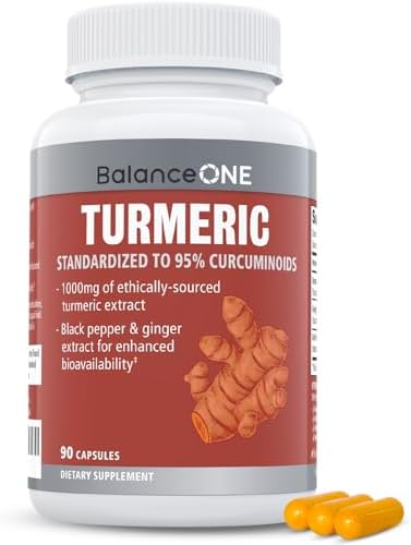 Balance ONE Turmeric Extract 1000mg with Max Strength 95% Curcuminoids - Turmeric Curcumin Supplement for Daily Joint & Immune Support - Ginger Extract and BioPerine - 1 Month Supply Balance ONE