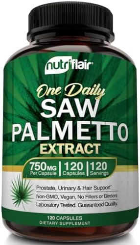 NutriFlair Saw Palmetto Extract 750mg, 120 Capsules - Natural Prostate Supplement & Berry Health Support - Helps Block DHT to Prevent Hair Loss and Helps Reduce Frequent Urination, for Women and Men NutriFlair