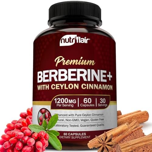 NutriFlair Premium Berberine HCL 1200mg, 60 Capsules - Plus Pure True Ceylon Cinnamon, Berberine HCI Root Supplements Pills - Immune System - yields an Optimal 8% Berberine NutriFlair