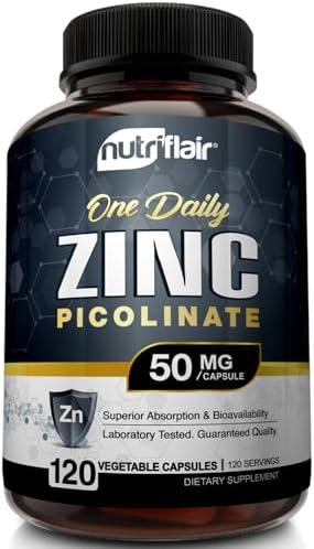 NutriFlair Zinc Picolinate 50mg, 120 Capsules - Maximum Absorption Zinc Supplement Pills - Immune System Booster, Immunity Defense, Powerful Non-GMO Antioxidant - Compare to gluconate, Citrate, Oxide NutriFlair