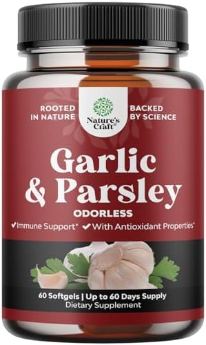 Super Concentrated Odorless Garlic Supplement - No Smell Easy to Swallow Antioxidant Garlic Pills for Immune Support and Heart Health - Odorless Softgels with Parsley Non GMO and Gluten Free Natures Craft