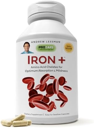 ANDREW LESSMAN Iron Plus 90 Capsules - 18mg Iron, 100% Pure Amino Acid Chelated Iron (Glycinate, Aspartate), Plus Vitamin C for Increased Absorption, Small, Easy to Swallow Capsules, No Additives Andrew Lessman