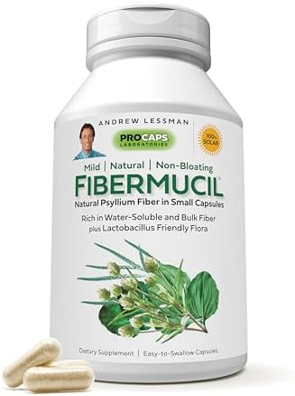 ANDREW LESSMAN Fibermucil 60 Capsules -Psyllium Husk Powder. Gently Promotes Regularity and Digestive Health. Rich in Fiber. Gentle, Easy, Effective. No Additives. Small Easy to Swallow Capsules Andrew Lessman