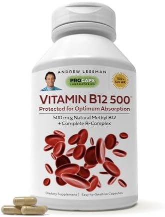 ANDREW LESSMAN Vitamin B12 500 60 Capsules - Absorption-Protected Methylcobalamin (Natural Coenzyme Vitamin B12), Essential for Energy and Stress Support, Plus B-Complex, Easy to Swallow Capsules Andrew Lessman