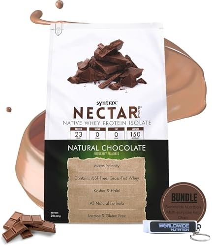 Syntrax Bundle, 2 Items: Nectar Naturals Protein Powder Natural Chocolate Flavor - Instant Mixability, Lactose and Gluten-Free - 2 Pounds Nectar Powder with Worldwide Nutrition Keychain Syntrax