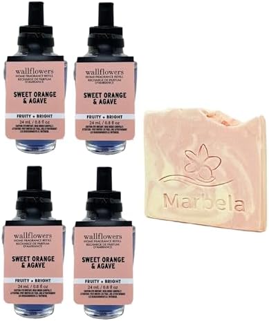 Bath & Body Works Sweet Orange & Agave 4 Pack Wallflowers Home Fragrance Refill Bundle with a Himalayan Salts Springs Sample Soap Bath & Body Works