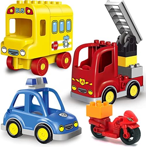 Liberty Imports 4-Pack City Vehicles Transportation Set, Big Building Blocks Compatible with Lego DUPLO - Includes Police Car, Fire Truck, School Bus, Motorcycle Toys for Kids, Toddlers Liberty Imports