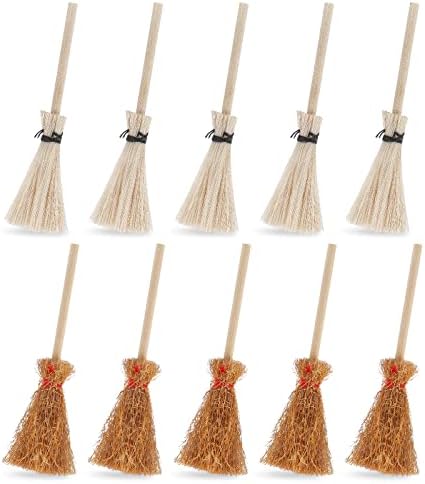 Cobee Dollhouse Miniature Broom, 10Pcs Mini Straw Broom Doll House Furniture Decor Witches Prop Broom Dollhouse Accessories Party Supplies cobee