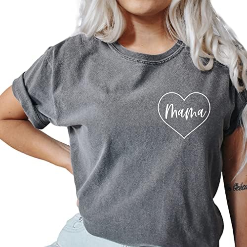 Mama Shirts for Women Mama Garment Dyed Letter Printed T-Shirt Mama Graphic Tee Casual Short Sleeve Tops Tee Mama Heart Tee Handmade