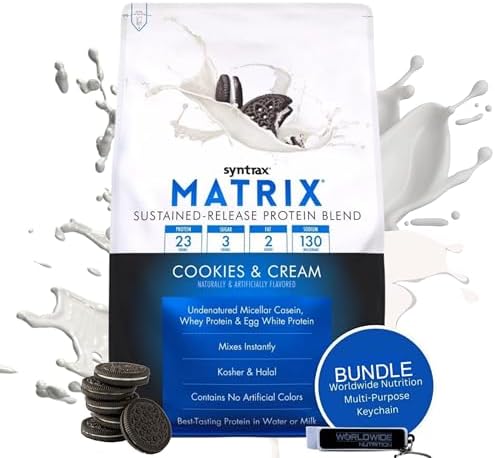 Syntrax Bundle Matrix Protein Powder 5.0 Sustained-Release Whey Protein Powder Blend - Instant Mix Protein Powder Cookies and Cream, 5 Pounds with Worldwide Nutrition Keychain Syntrax