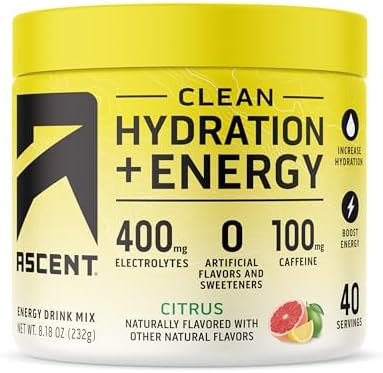 Ascent Clean Hydration + Energy Electrolytes Powder - 100mg Caffeine, 400mg Electrolytes, No Artificial Ingredients, Citrus 40 Servings Ascent