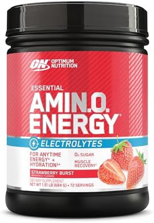 Optimum Nutrition Essential AMIN.O Energy & Electrolytes - Energy, Focus & Post-Workout Muscle Recovery - Strawberry Pre-Workout Electrolyte Powder Drink - Strawberry Burst, 1.51 lb (72 Servings) Optimum Nutrition