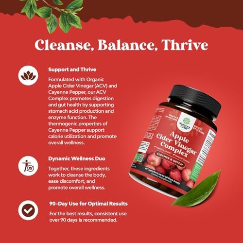 Cleansing Apple Cider Vinegar Capsules - ACV Cleanse and Detox Pills for Gut and Digestive Health with Slimming Cayenne - Extra Strength ACV Capsules for Gut Cleanse and Full Body Detox (30 Servings) Natures Craft