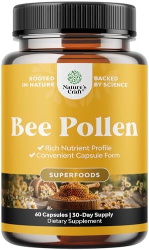 Bee Pollen Supplement 1000mg per Serving - Pure Capsules with Naturally Occurring B Vitamins Minerals & Enzymes Pills Made Vegetarian Non-GMO Gluten Free (30 Servings) Natures Craft