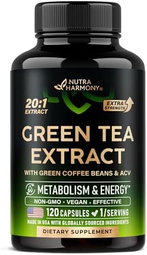 Green Tea Extract Capsules with Green Coffee Beans & Apple Cider Vinegar - Energy & Metabolism Support - Green Tea Supplement 50% EGCG - 20:1 Natural Extract - for Men & Women - 120 Vegan Capsules Nutraharmony