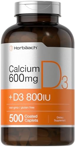 Horbäach Calcium Supplement with Vitamin D3 | 600 mg | 500 Coated Caplets | Non-GMO and Gluten Free Horbäach