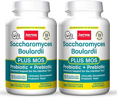 Jarrow Formulas Saccharomyces Boulardii + MOS - 5 Billion Viable Organisms Per Serving - 180 Delayed Release Veggie Caps, 2 Pack - Probiotic + Prebiotic - Intestinal Tract Support - Up to 360 Servings Jarrow Formulas