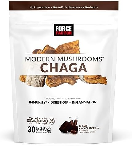 FORCE FACTOR Modern Mushrooms Soft Chews, Chaga Mushrooms Supplement to Support Immunity, Digestion, & Gut Health, Antioxidants Supplement, Delicious Chewy Chocolate Roll Flavor, 30 Soft Chews Force Factor