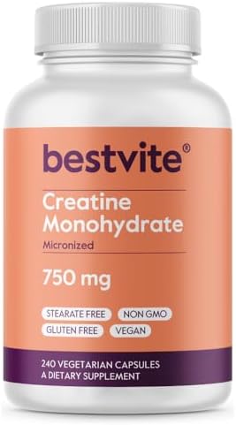 BESTVITE Creatine Monohydrate 750mg (240 Vegetarian Capsules) - Micronized - No Stearates - Vegan - Non GMO - No Gelatin - Gluten Free - Creatine Capsules Bestvite