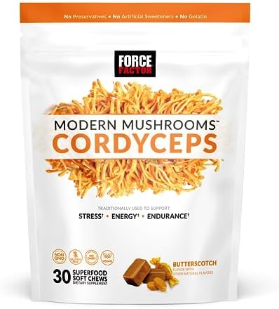 FORCE FACTOR Modern Mushrooms Soft Chews, Cordyceps Mushroom Supplement to Support Stress Relief, Energy, and Vitality, Antioxidants Supplement, Delicious Butterscotch Flavor, 30 Soft Chews Force Factor