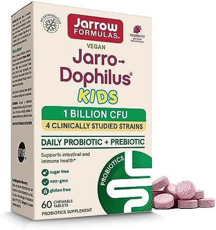 Jarrow Formulas Jarro-Dophilus Kids Probiotics and Prebiotics, 1 Billion CFU, Supplement for Intestinal and Immune Health Support, 60 Sugar-Free Raspberry-Flavored Chewable Tablets, 30 Day Supply Jarrow Formulas