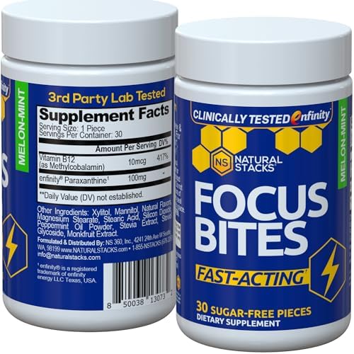 NATURAL STACKS Focus Bites for Productivity & Cognition - Clinically Tested Paraxanthine Supplement - Fast Acting & Clean Stimulation - Caffeine-Free Supplement for Learning - 30 Melon Mint Chewables Natural Stacks