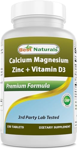 Best Naturals Calcium Magnesium Zinc with Vitamin D3, 150 Tablets - Calcium 1000 mg, Magnesium 400 mg, Zinc 25 mg & D3 600 IU per Serving (3 Tablets) Best Naturals