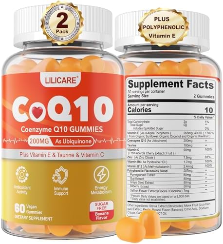 Sugar-Free CoQ10 200mg Gummies - Coenzyme Q10 w/Taurine, Vitamin E, C, B6, B12, Zinc - High Absorption CoQ10 Supplement for Antioxidant, Cellular Energy & Hear-t Health, Vegan 120 C Lilicare