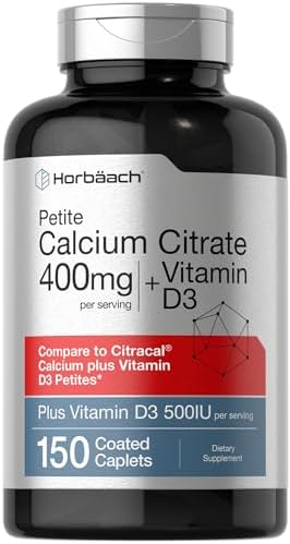 Horbäach Calcium Citrate with Vitamin D3 | 150 Petites | Vegetarian Supplement | Non-GMO, Gluten Free Horbäach