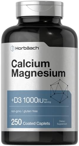 Horbäach Calcium Magnesium D3 Supplement | 1000 IU D3 | 250 Coated Caplets | Non-GMO & Gluten Free Horbäach