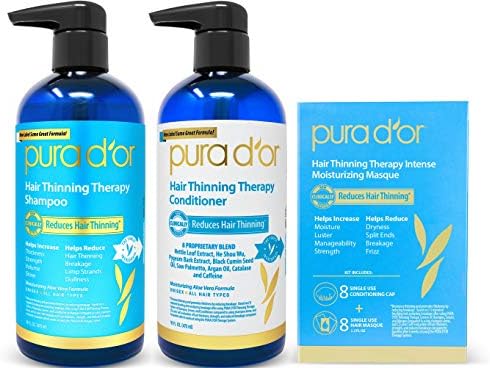 PURA D'OR Hair Thinning Therapy 3-Piece Set, Shampoo, Conditioner & Masque for Best Results, Infused with Argan Oil, Biotin, All Hair Types, Men & Women (Packaging may vary) Pura D'Or