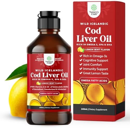 Icelandic Wild Caught Cod Liver Oil Liquid - Fish Oil Drops with Omega 3, EPA, DHA, Vitamin D & A - Liquid Cod Liver Supplement for Heart, Joint, Brain & Immune Support - 240 ml (8 Ounce) Natures Craft