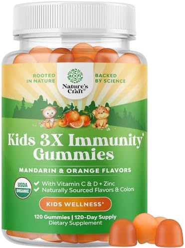 Natures Craft Organic Kids Immune Support Gummies - Vegan Organic Vitamin D Gummies for Kids with Vitamin C and Zinc for Immunity - D3 Zinc and C Gluten Free & Non GMO (120 Servings) Natures Craft