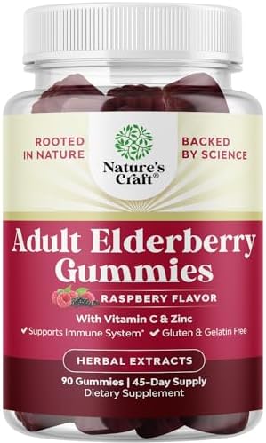 Elderberry Vitamin C and Zinc Gummies - Advanced Immune Booster Sambucus Elderberry Gummies for Adults - Super Antioxidants Supplement Immunity Vegan Halal Black Gummy 90ct Natures Craft