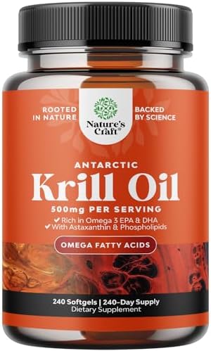 Antarctic Krill Oil 500mg Softgels - Omega 3 Krill Oil Supplement with EPA DHA & Astaxanthin for Brain Joint & Heart - 3rd Party Lab Tested No Gluten GMOs or Fishy Aftertaste (Up to 8 Month Supply) Natures Craft