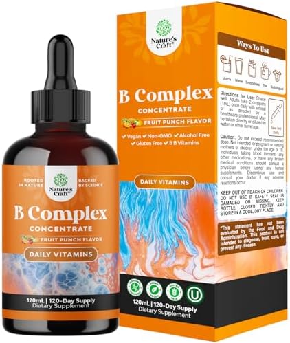 Vegan Vitamin B Complex Liquid - 9-in-1 Liquid B Complex Vitamins for Women & Men with B1 B2 B3 B5 B6 B7 Folate Methyl B12 Plus Vitamin C - Super Concentrated Non GMO & Naturally Flavored (120svg) Natures Craft