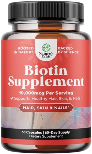 Natures Craft 10000 mcg Pure Biotin Pills for Women Men - Promotes Thicker and Fuller Hair. Natural Supplement for Shiny Thick Hair Growth - Vegetarian Vitamin Capsules - Get Clear Skin Strong Nails Natures Craft