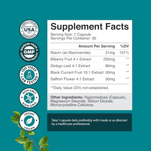 Eye Pressure Support with Bilberry Extract - Vegan Eye Health Supplement for Adults For Ocular Pressure Relief with Saffron Ginkgo Niacin and More Vitamins Vision Support (2 Month Supply) Natures Craft