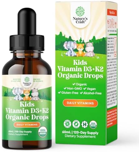 Natures Craft Kids Vitamin D3 K2 Drops - Organic Vitamin D for Kids for Strong Bones & Joints - Infants, Babies & Toddler Immune Support Drops Liquid Supplement - 60 ml Bottle Natures Craft