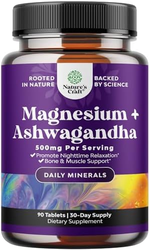 Pure Calm Relaxing Magnesium Glycinate Supplement with Ashwagandha - Magnesium for Stress Support & Anxiety Ease for Adults - High Absorption Tablets for Bone Support & Muscle Cramps - 90 Count Natures Craft