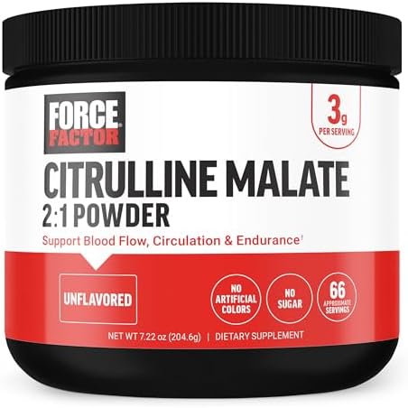 FORCE FACTOR Citrulline Malate 2:1, L Citrulline Supplement for Men to Boost Nitric Oxide, Blood Flow, Muscle Pumps, and Performance, L Citrulline Powder Pump Supplement, Unflavored, ~66 Servings Force Factor