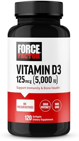 FORCE FACTOR Vitamin D3 5000 IU Softgels, High-Potency Vitamin D Supplement to Support Immunity and Bone Health, Premium Quality, No Preservatives, 120 Softgels Force Factor