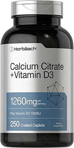 Horbäach Calcium Citrate with Vitamin D3 | 1260 mg and1000IU | 250 Caplets | Vegetarian, Non-GMO, Gluten Free Supplement Horbäach