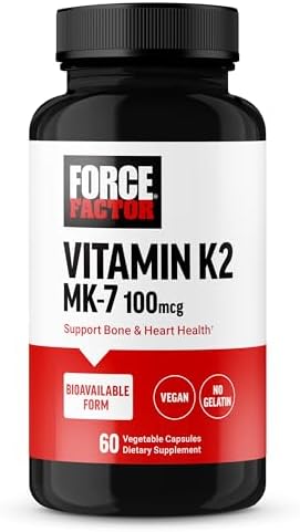 FORCE FACTOR MK-7 Vitamin K2 100mcg, Bone Support Supplements for Women and Men, Support Heart Health, Bone Density, and More, BIoavailable Form, Vegan, Non-GMO, 60 Vegetable Capsules Force Factor