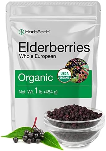 Horbäach Elderberries Dried Organic | 1 lb Bulk Bag | Whole European | Non-GMO, Gluten Free | Sambucus Nigra Horbäach