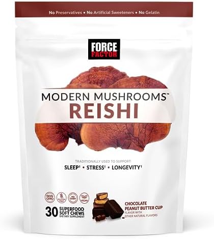 FORCE FACTOR Modern Mushrooms Soft Chews, Reishi Mushroom Supplement to Support Sleep, Stress Relief, & Longevity, Antioxidants Supplement, Delicious Chocolate Peanut Butter Cup Flavor, 30 Soft Chews Force Factor