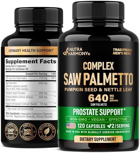 Saw Palmetto for Men 640mg - Pumpkin Seed | Nettle | Zinc & Pygeum - Prostate Health & Urinary Supplement - DHT Blocking & Hair Support - 45% Fatty Acids, Clinical Strength - Made in USA, 120 Capsules Nutraharmony