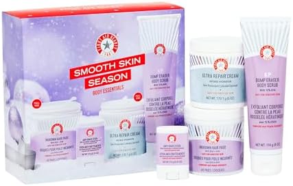 First Aid Beauty - Smooth Skin Season: KP Bump Eraser Body Scrub, 4oz, Ultra Repair Cream, 6oz, Anti-Chafe Stick, 0.35oz, Ingrown Hair Pads, 60 Pads, Deep Hydration & Exfoliating Body Essentials, 4ct First Aid Beauty