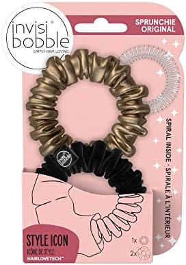 invisibobble Sprunchie Slim Spiral Hair Ring - True Black and True Golden - 2 Pack- Scrunchie Stylish Bracelet, Strong Elastic Grip Coil Accessories for Women - Gentle for Girls Teens and Thick Hair Invisibobble