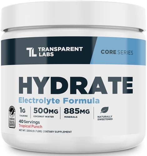 Transparent Labs Hydrate Naturally Sweetened Electrolytes Powder - Hydration Powder Electrolytes with Coconut Water, Calcium, Taurine, & Potassium - 40 Servings, Tropical Punch Transparent Labs